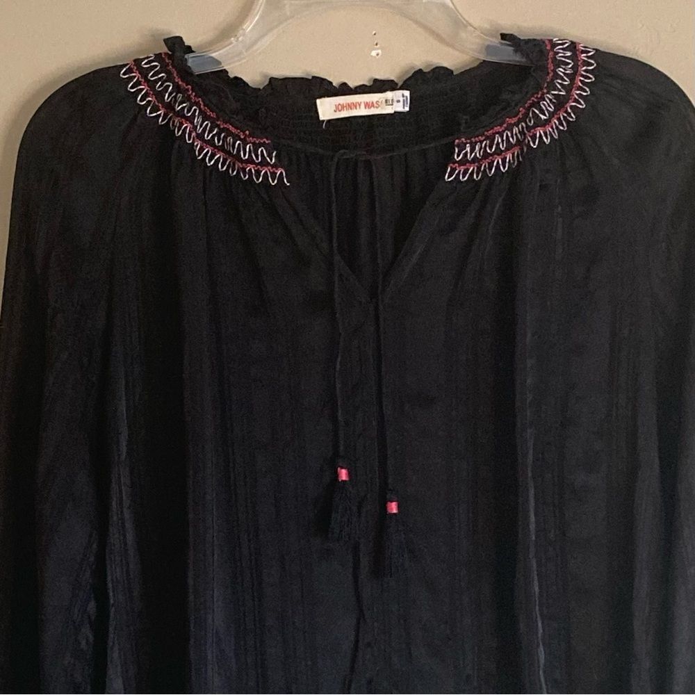 Johnny Was Folk Smock Silk Peasant Style Embroidered Blouse Black Size S - M - Picture 5 of 12